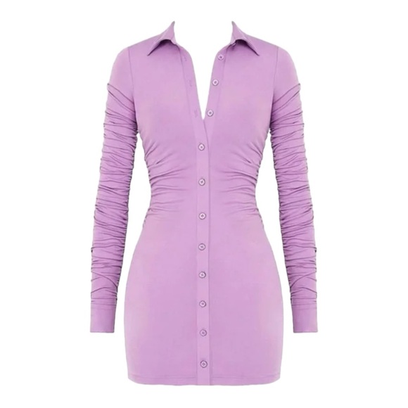 House of CB Martinique Button Front Jersey Knit Mini Shirt Dress - Purple -Small - Picture 4 of 8